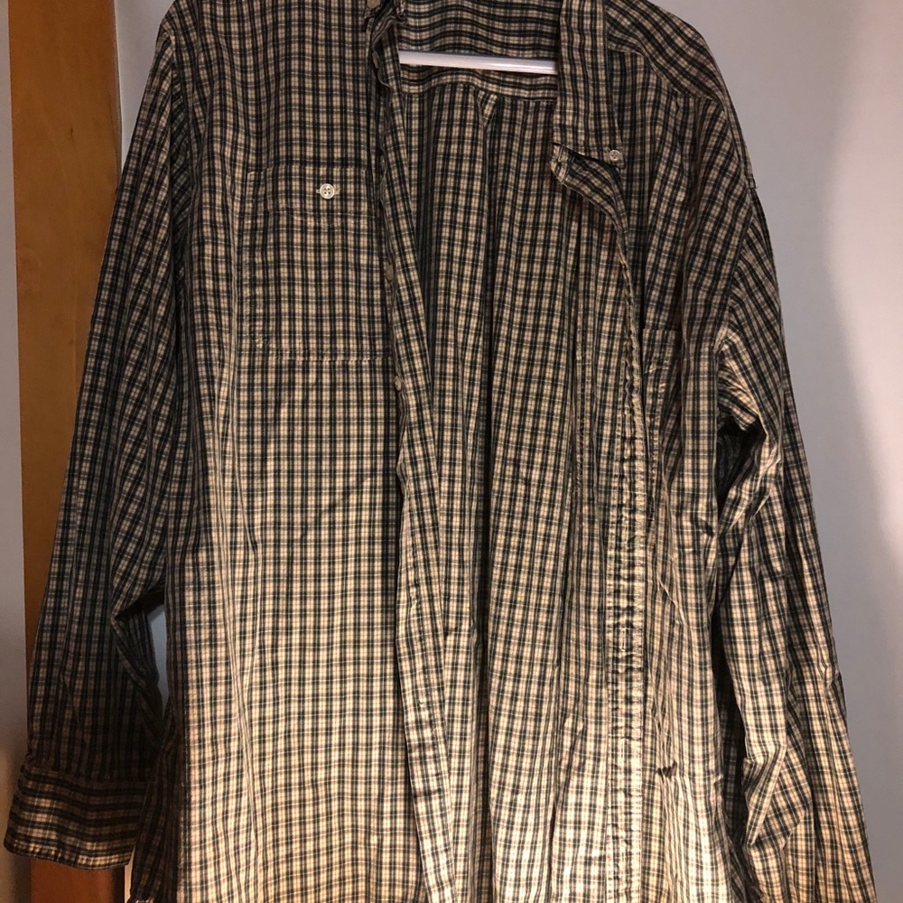 LL Bean Green and White Button Up Shirt XL